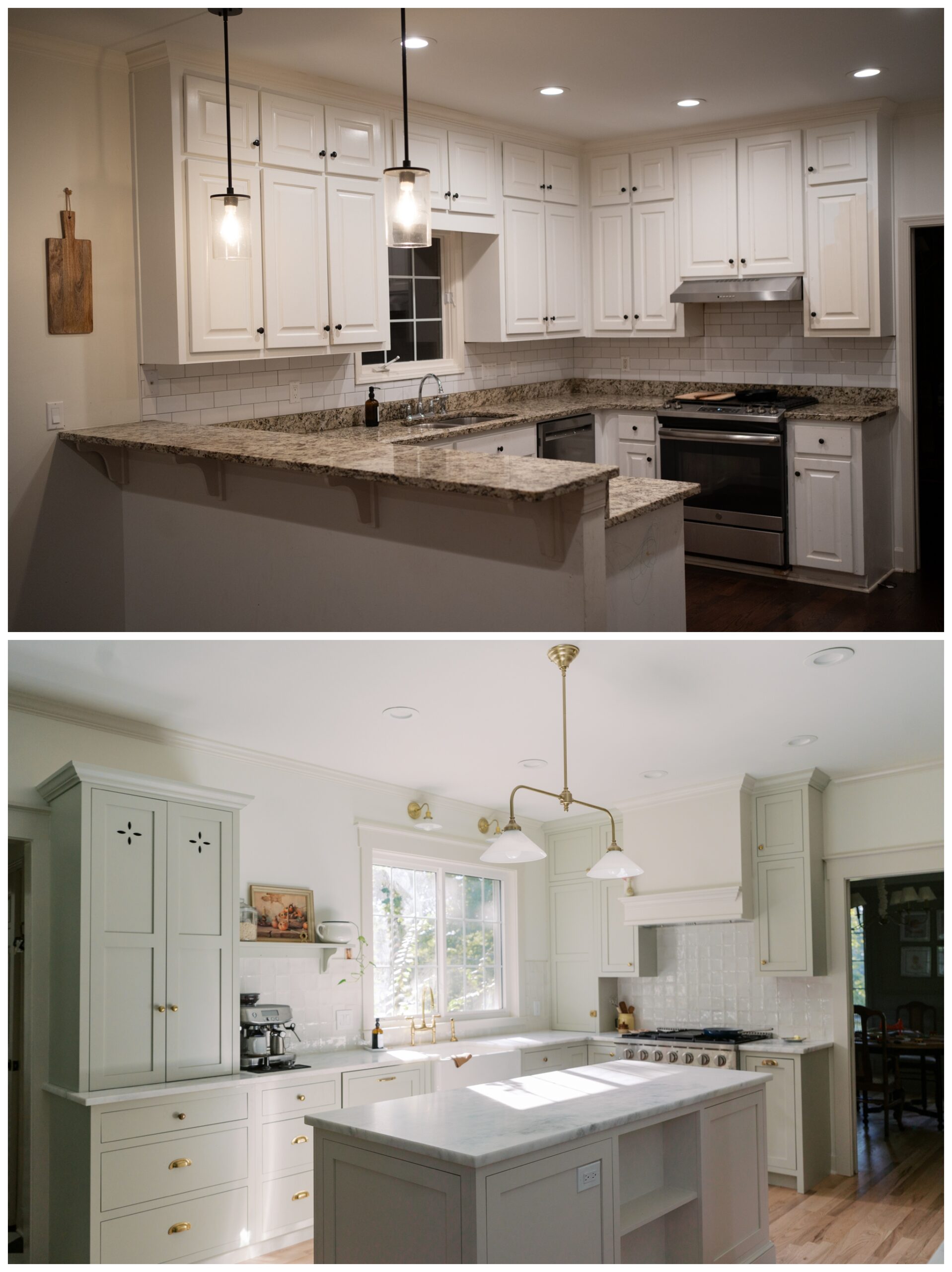 Before and after photo of complete kitchen remodel with the Cabinet Joint.