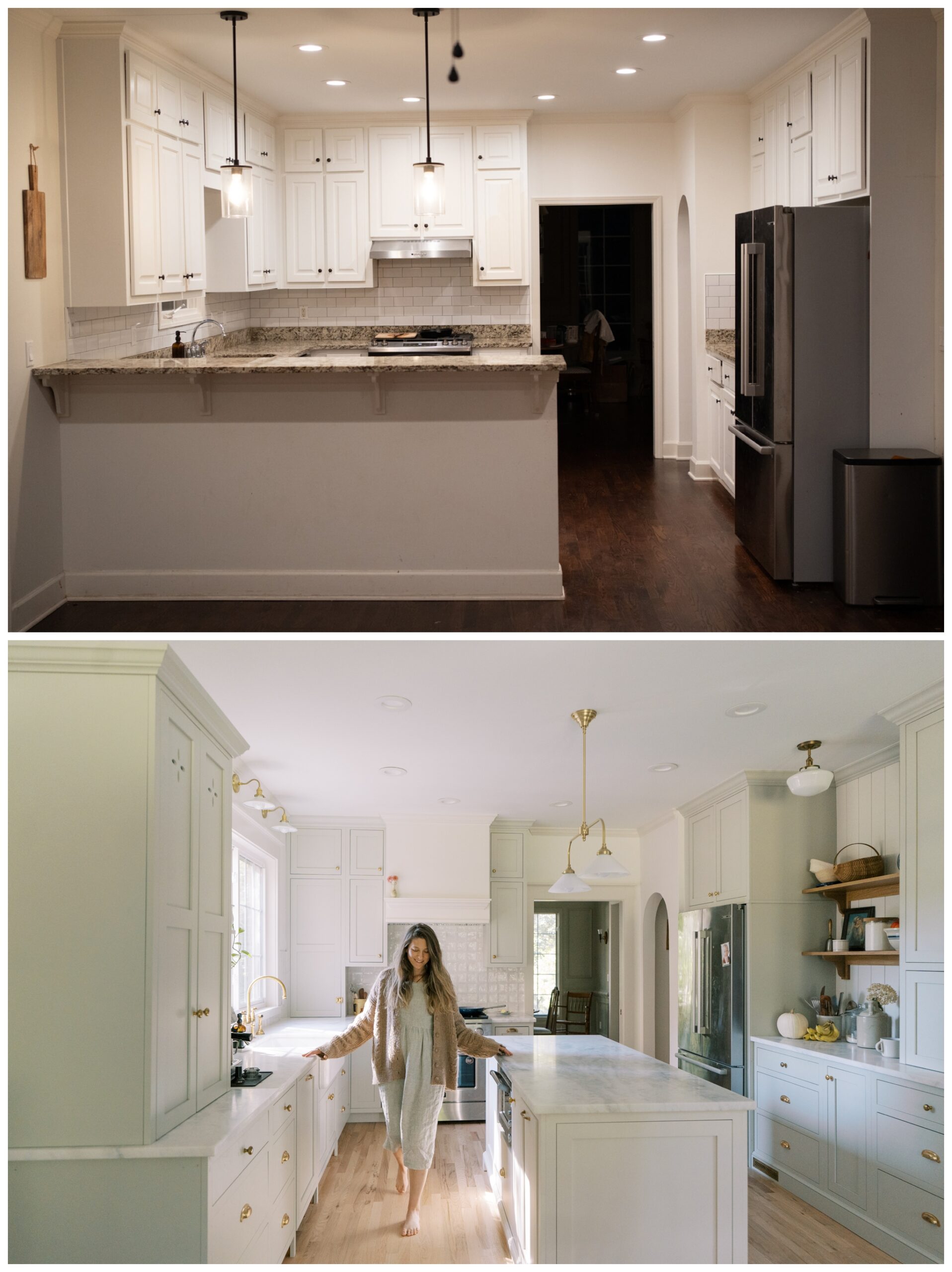 Before and after photo of complete kitchen remodel with the Cabinet Joint.