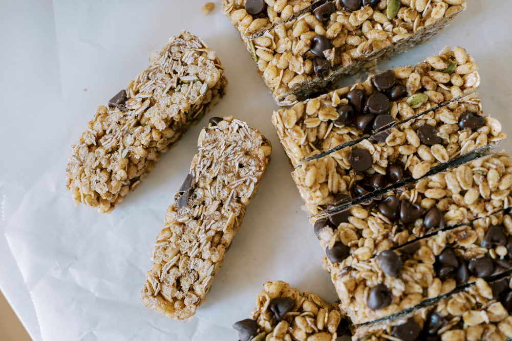 homemade granola bars laid out on a counter