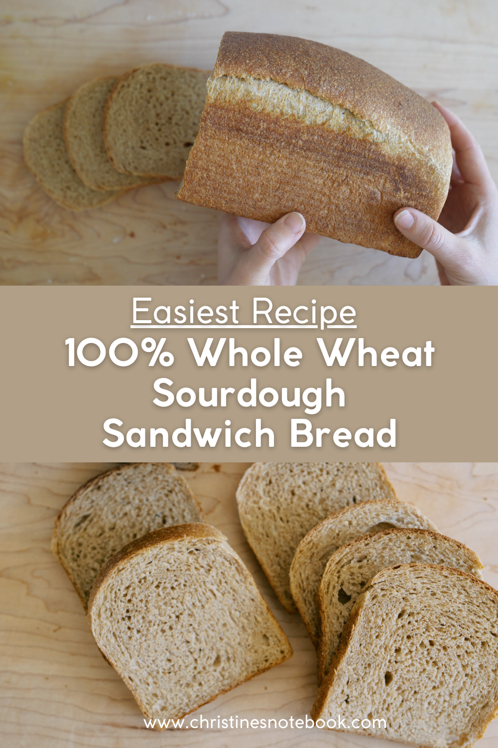 Easy and healthy recipe for whole wheat sourdough sandwich bread using 100% whole grains. 