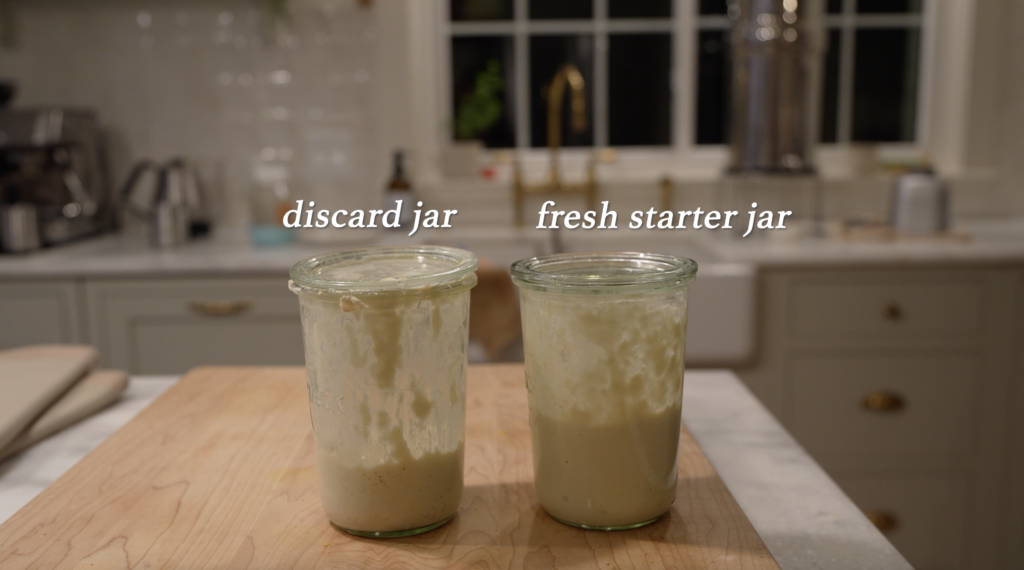 image of two weck jars on the counter holding sourdough starter and sourdough discard