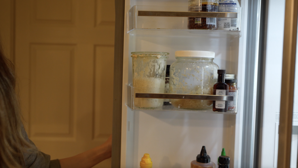 sourdough starter being stored in the fridge