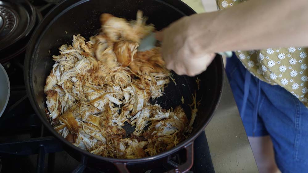 cooking moist shredded chicken breasts in a dutch oven