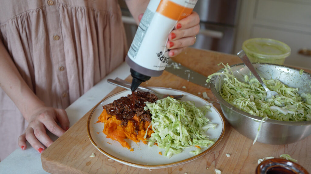 BBQ chuck roast and over sweet potatoes and jalapeno ranch slaw easy dinner