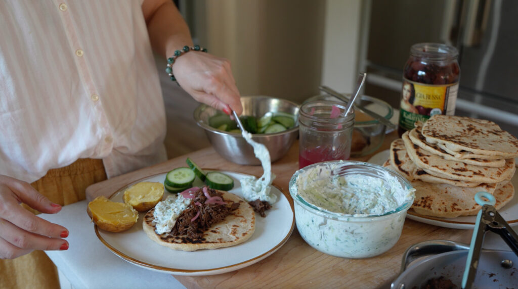 Beef Gyros on Homemade Naan with Tzatziki prepared using easy meal prep plan