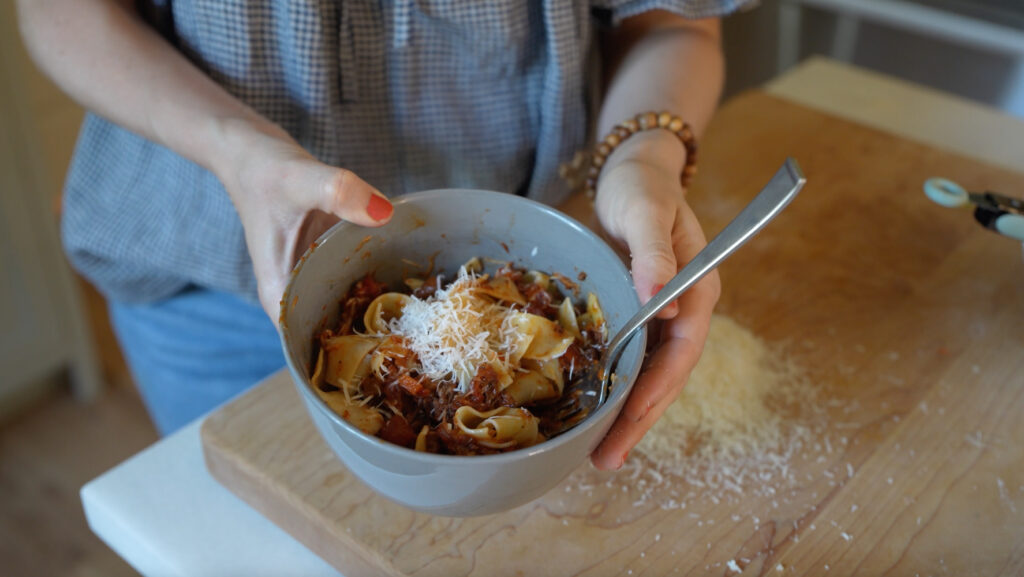 Easy weeknight dinner of Pasta with Hearty Chuck Roast Ragu using simple meal prep plan