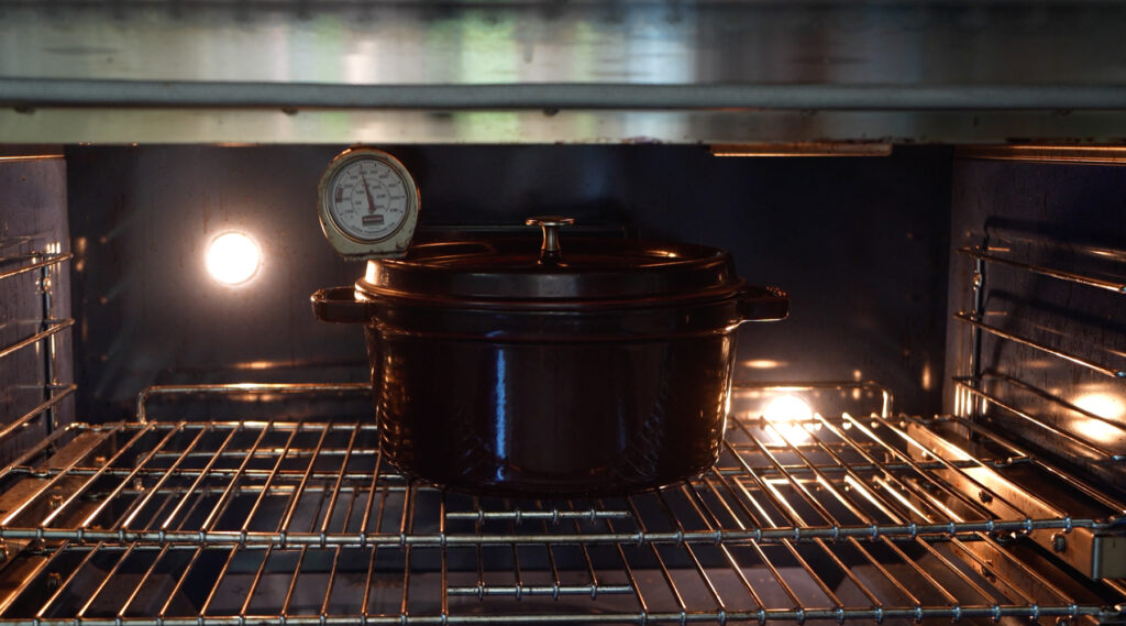 braising meat in a staub dutch oven on a sunday