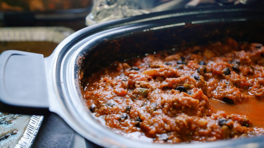 large pot of slow cooker chili