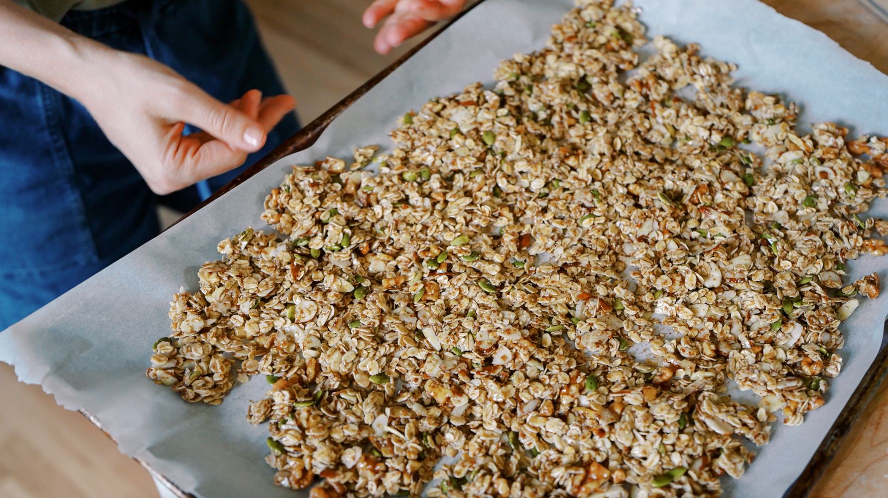 olive oil granola on a sheet pan