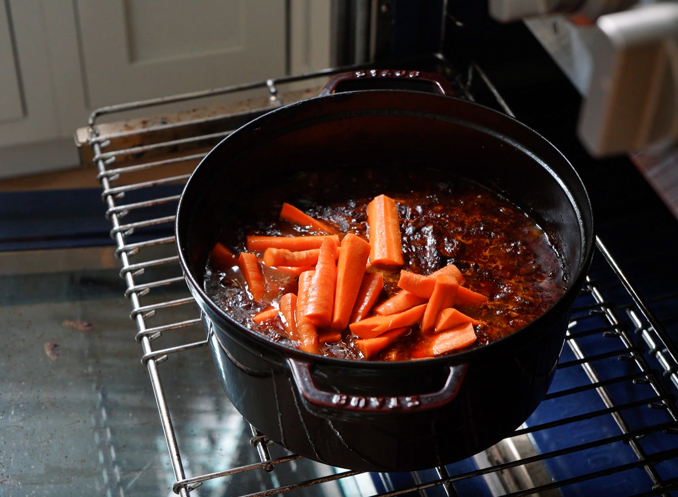 braised beef stew in a staub 7qt in the oven
