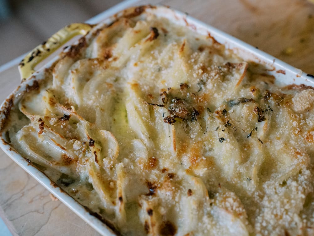 Easy Potato and Leek Gratin with Creamy Gruyère Sauce