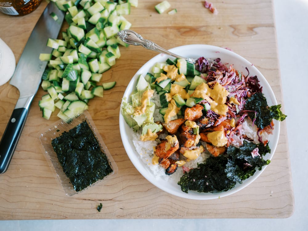 Crispy Salmon Sushi Bowls with Spicy Chili Crisp Mayo