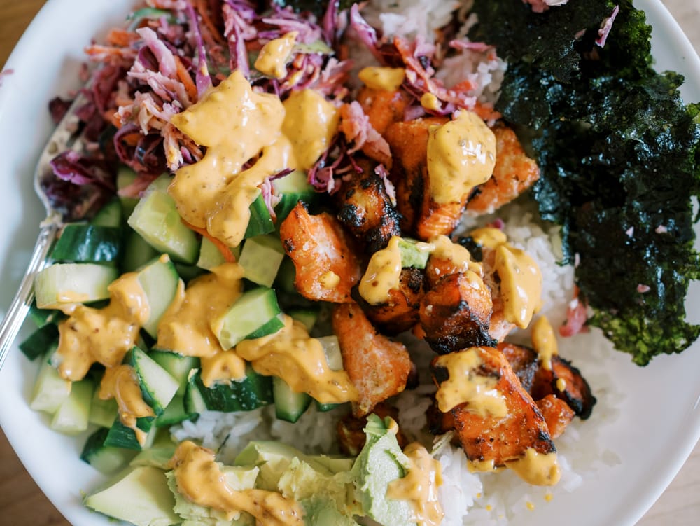 Crispy Salmon Sushi Bowls with Spicy Chili Crisp Mayo