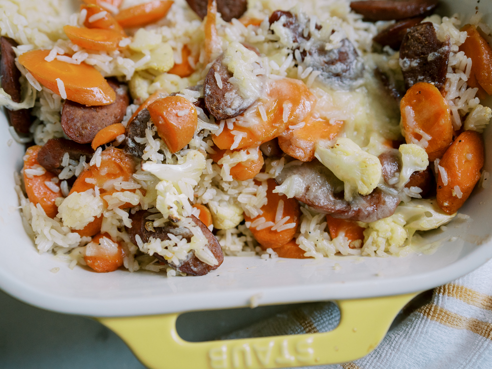 6 Ingredient Sheet Pan Sausage, Veggie and Rice Bake