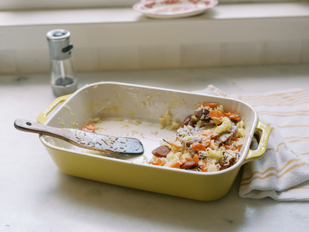 6 Ingredient Sheet Pan Sausage, Veggie and Rice Bake