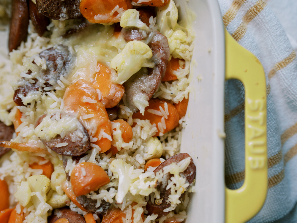 6 Ingredient Sheet Pan Sausage, Veggie and Rice Bake