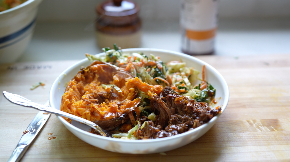braised beef bowls with sweet potato and cabbage slaw