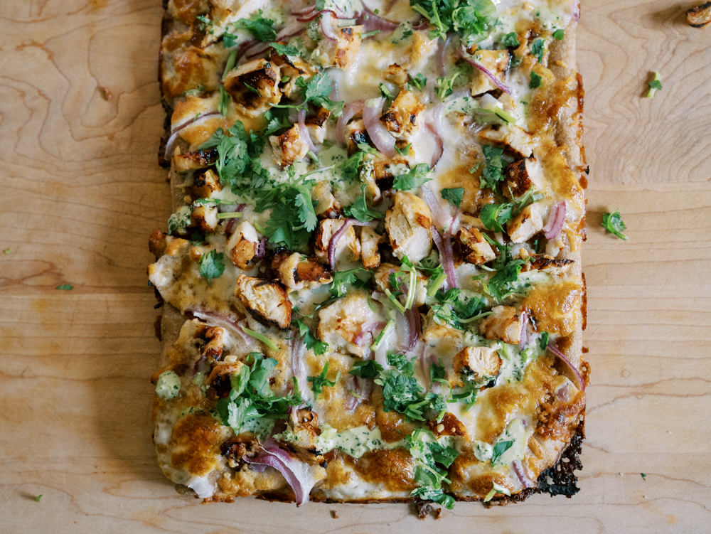 bbq chicken pizza with freshly milled flour