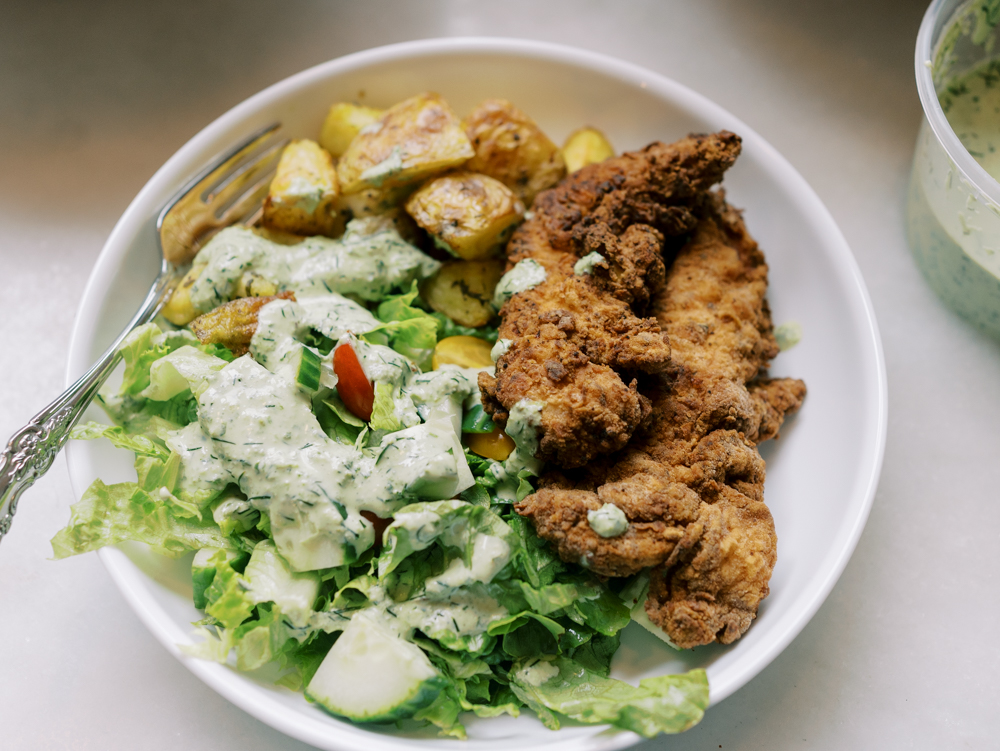 Fried Chicken Tenders with Crispy Sage Potatoes and Basil Cream Sauce