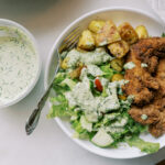Fried Chicken Tenders with Crispy Sage Potatoes and Basil Cream Sauce