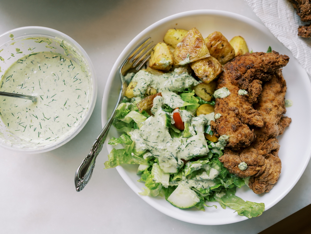 Fried Chicken Tenders with Crispy Sage Potatoes and Basil Cream Sauce