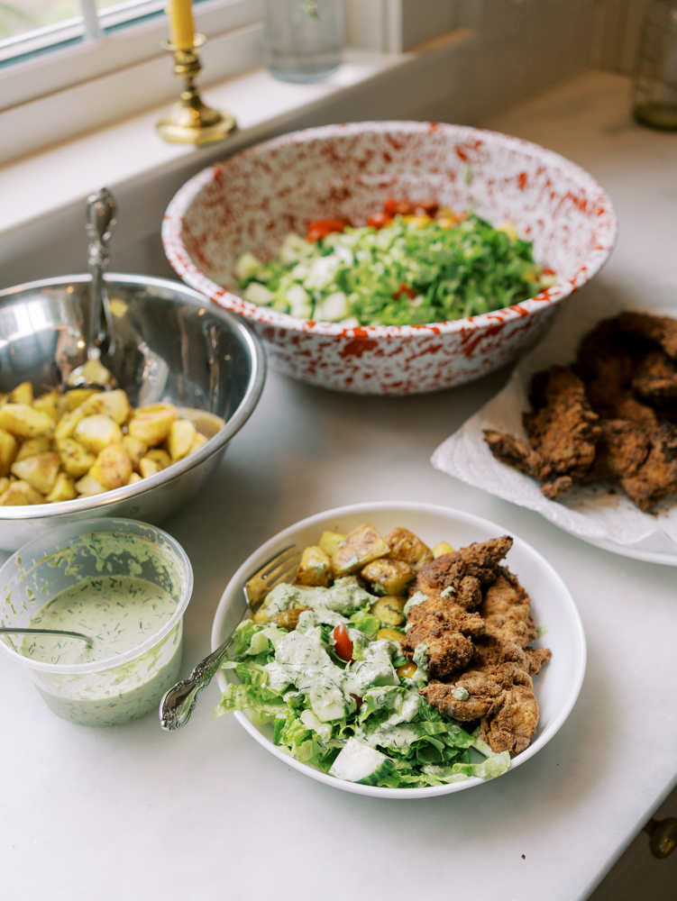 Fried Chicken Tenders with Crispy Sage Potatoes and Basil Cream Sauce