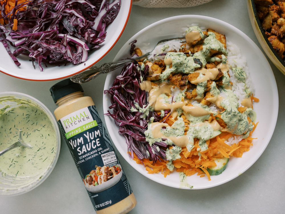 Skillet Chicken Bowls with Basil Cream Sauce
