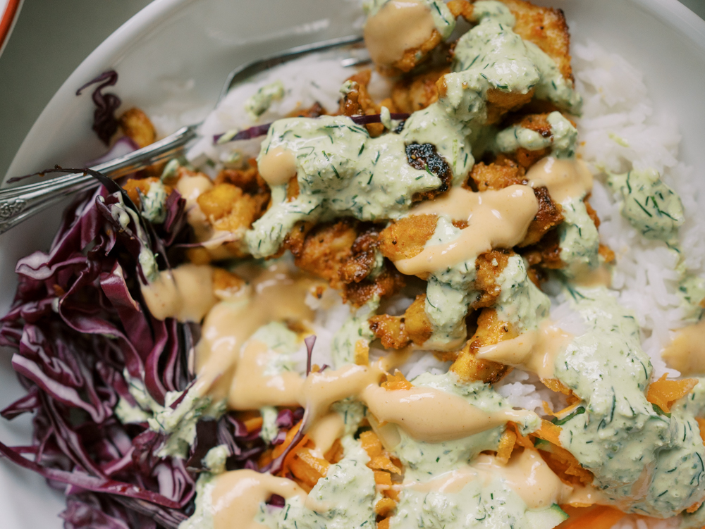 Skillet Chicken Bowls with Basil Cream Sauce