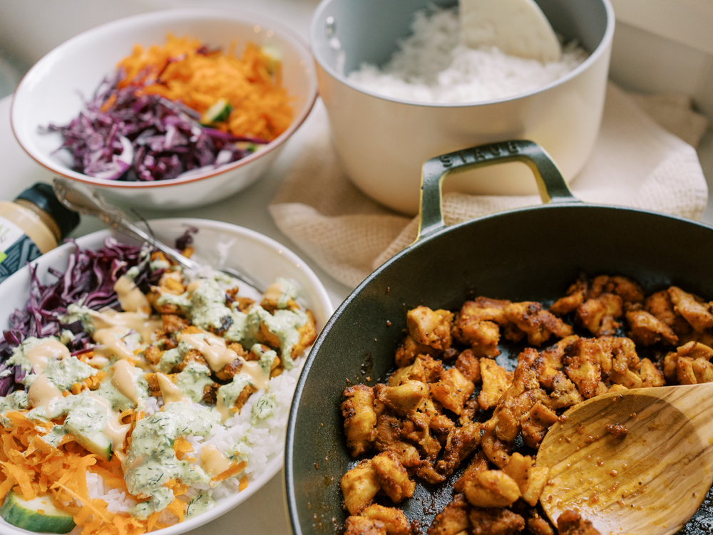 Skillet Chicken Bowls with Basil Cream Sauce