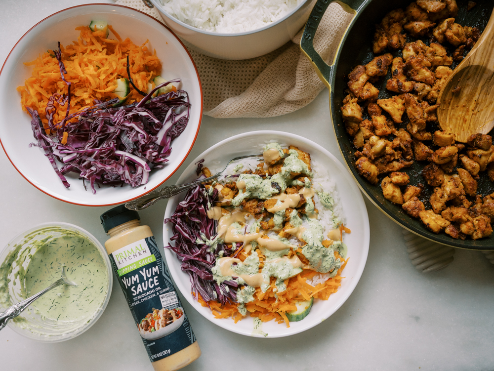 Skillet Chicken Bowls with Basil Cream Sauce
