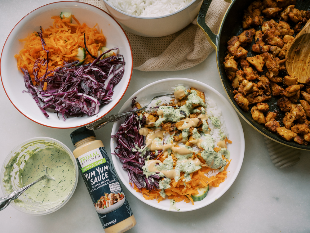 Skillet Chicken Bowls with Basil Cream Sauce