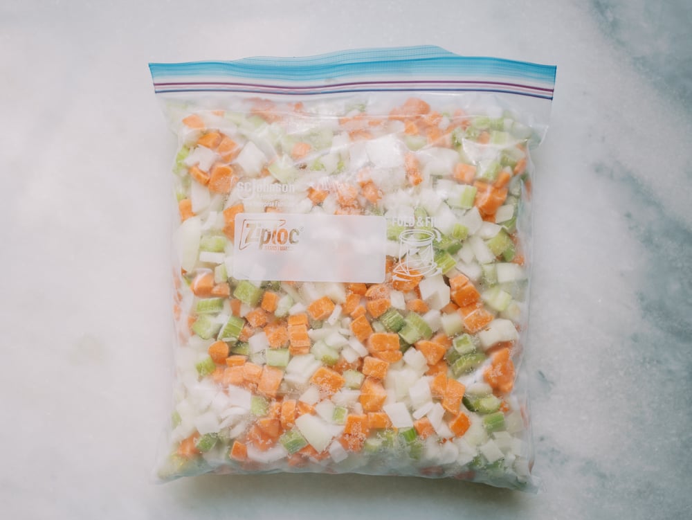 a bag of frozen mirepoix