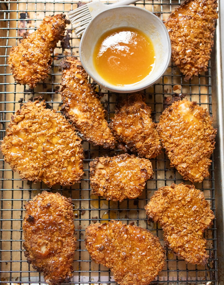 Cornflake Crusted Chicken Tenders with Honey Vinegar Glaze