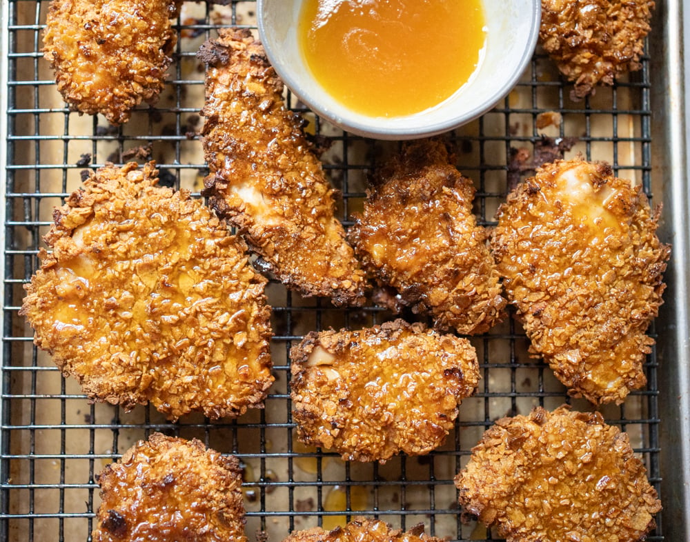Cornflake Crusted Chicken Tenders with Honey Vinegar Glaze