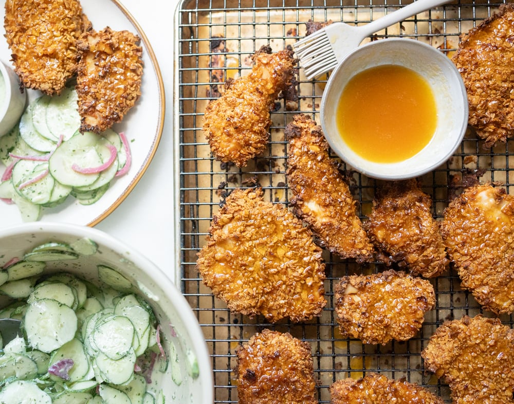 Cornflake Crusted Chicken Tenders with Honey Vinegar Glaze