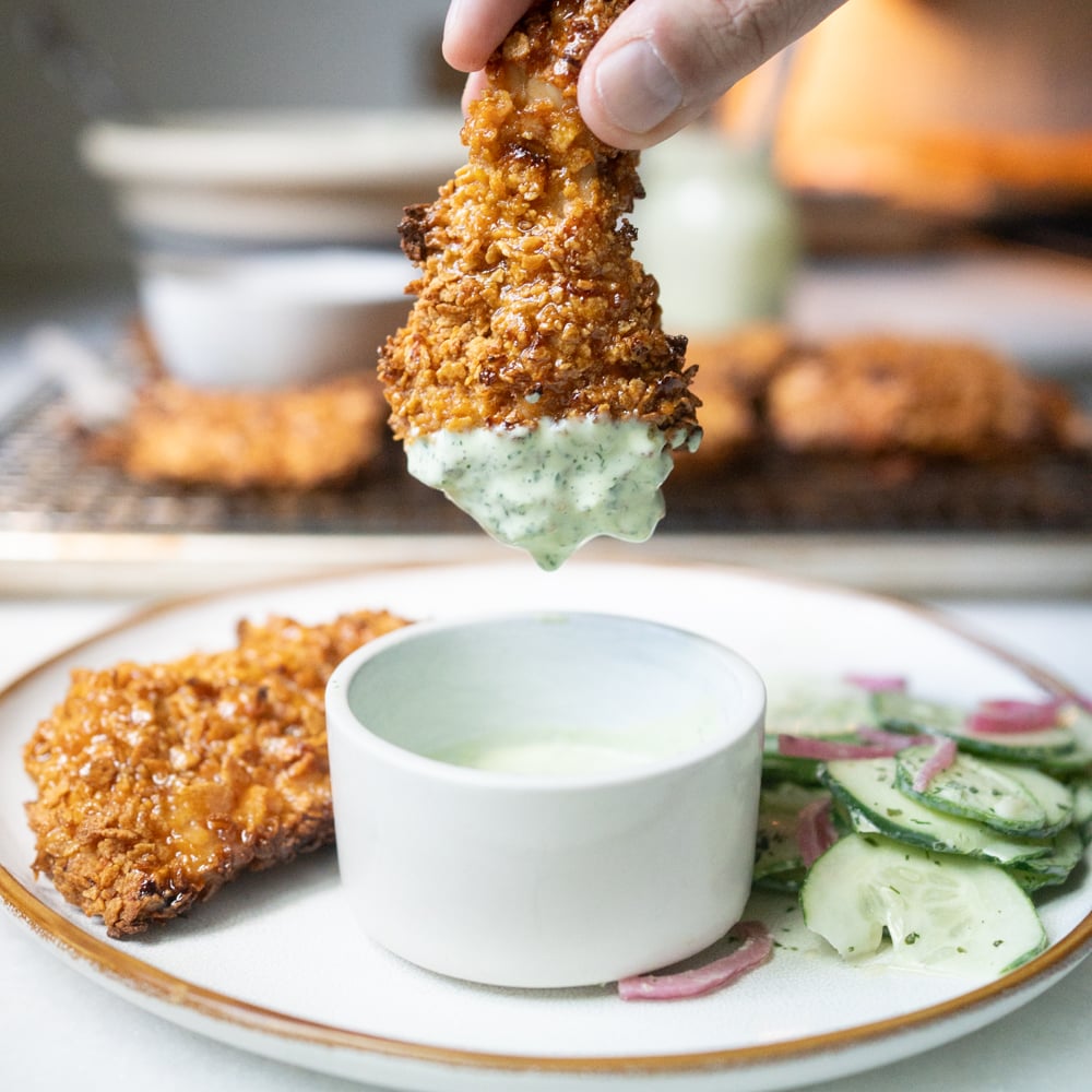 Cornflake Crusted Chicken Tenders with Honey Vinegar Glaze